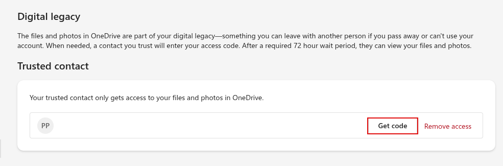 getting a unique code for digital legacy in onedrive