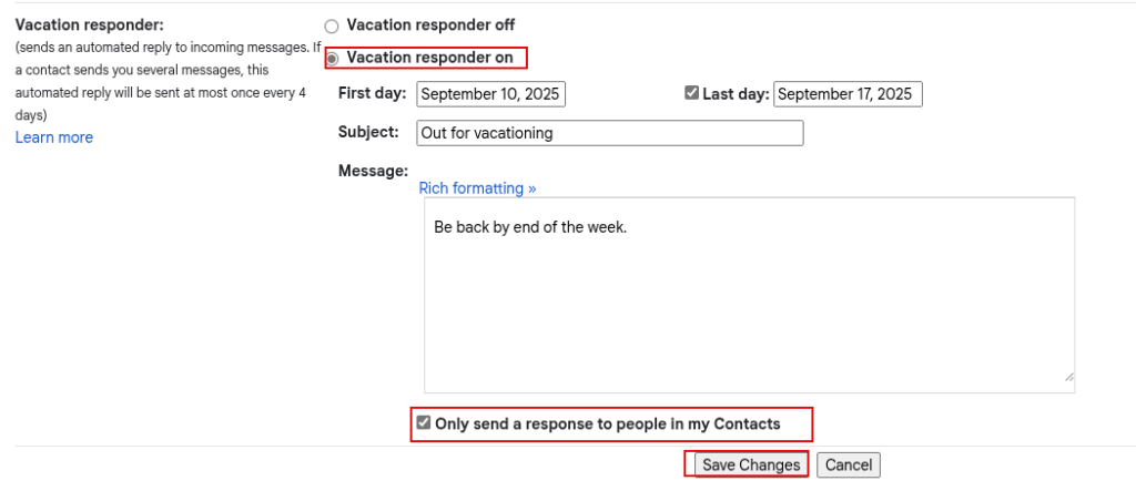 vacation responder settings