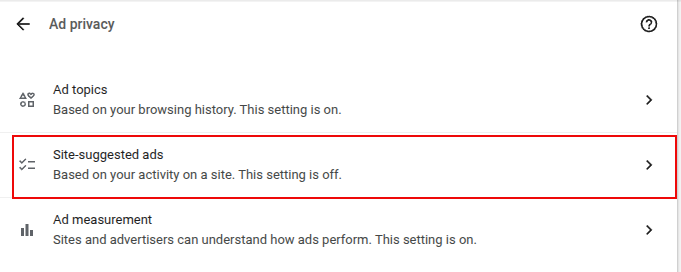 site-suggested ads settings in chrome