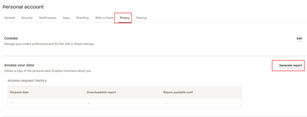 generate your personal data report in dropbox