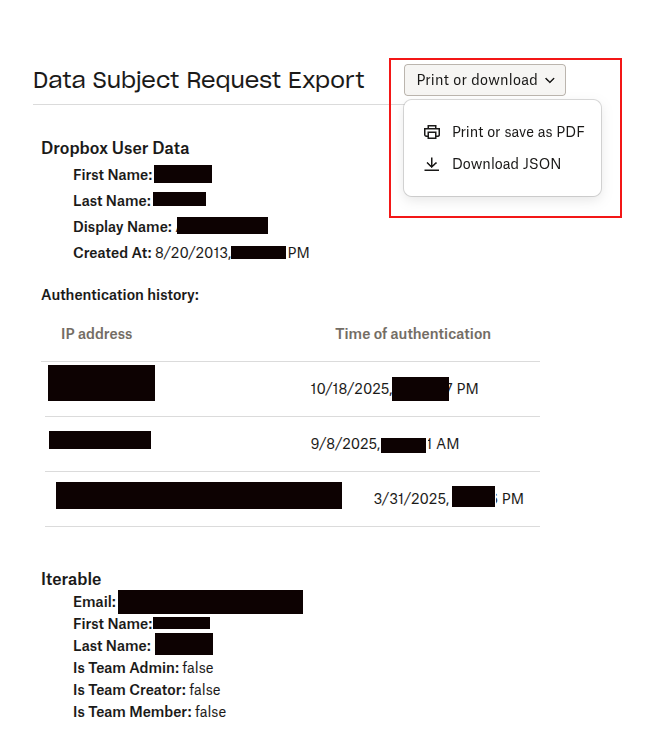 Dropbox personal data report