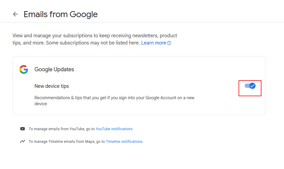 toggle emails about google updates