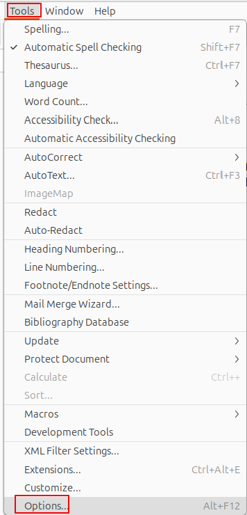 accessing libreoffice writer settings