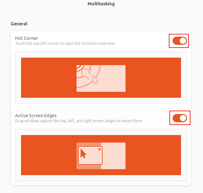 hot corner and active screen edges settings in ubuntu 24.04 lts
