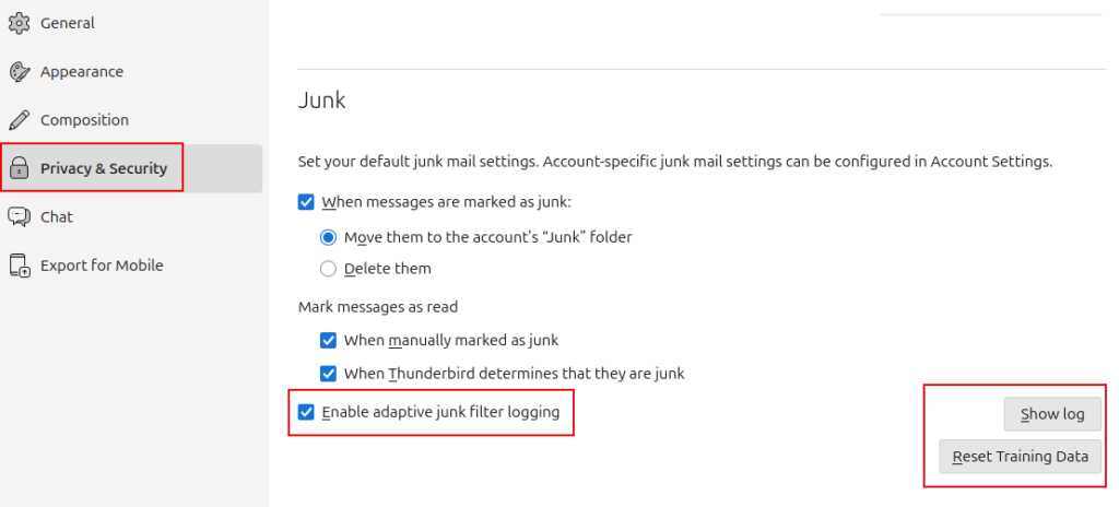 enable adaptive junk filter logging