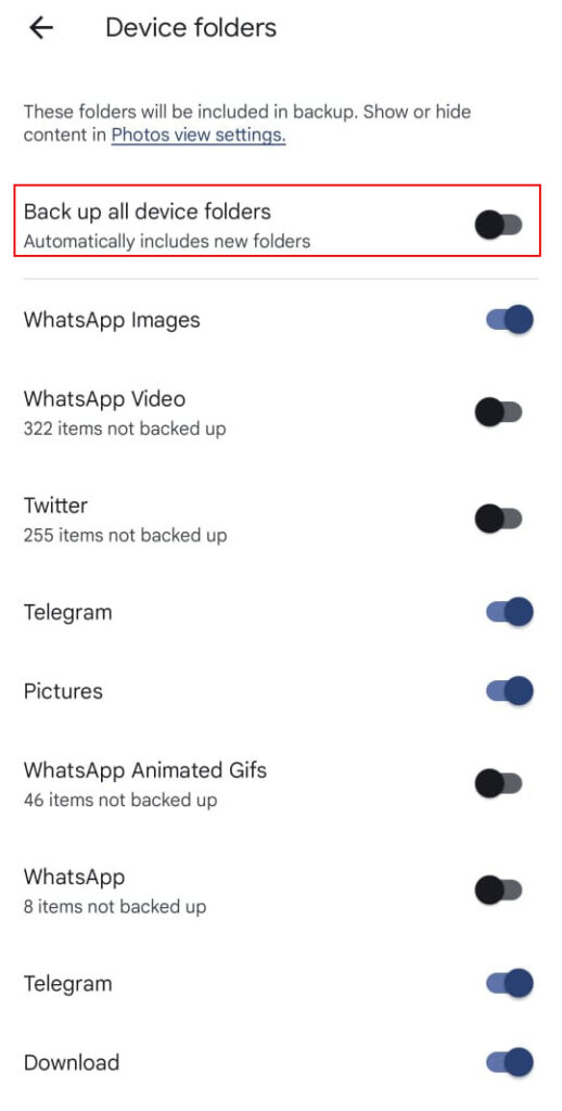 device folders settings for google photos auto-backup
