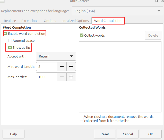 word completion settings in libreoffice writer