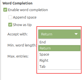 change the default key for accepting word completion in libreoffice writer