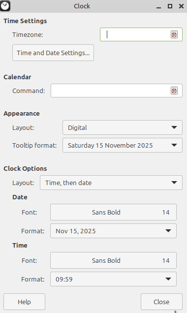 clock configuration window in linux mint 22.2