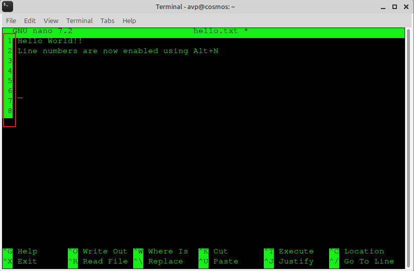 line numbers enabled in nano