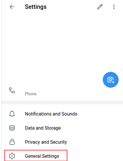 accessing general settings in telegram web