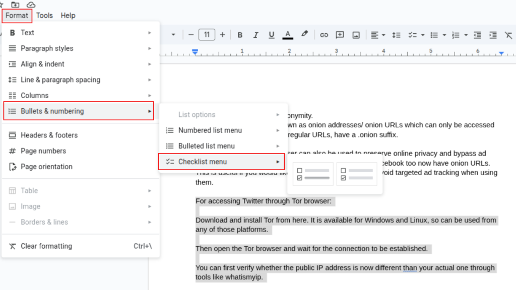 select paragraph that is to be turned into checklist in google docs