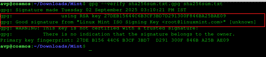 authenticity verified for linux mint iso