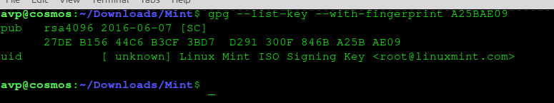 listing the imported linux mint key for checking authenticity