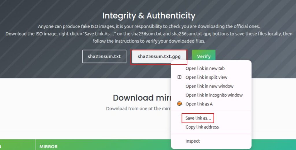 download sha256sum.txt.gpg from linux mint download page