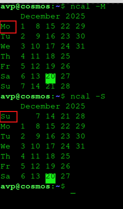 toggle the start of week as Monday/Sunday in ncal