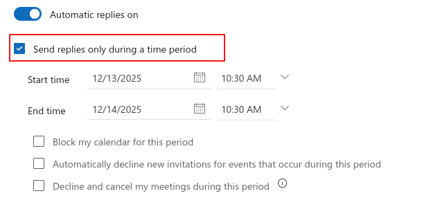enable automatic replies for a time period