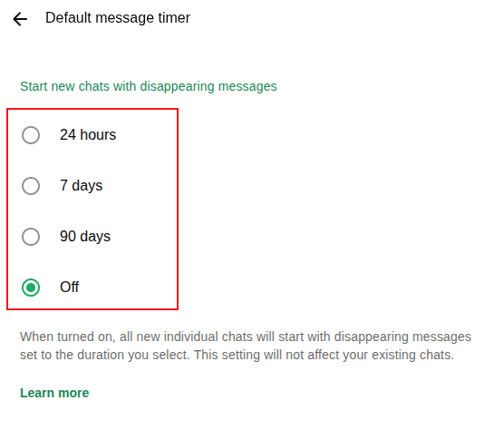 enable disappearing messages in whatsapp web