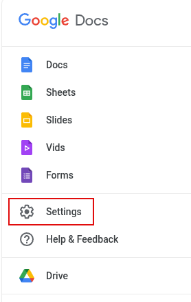 settings option in google docs