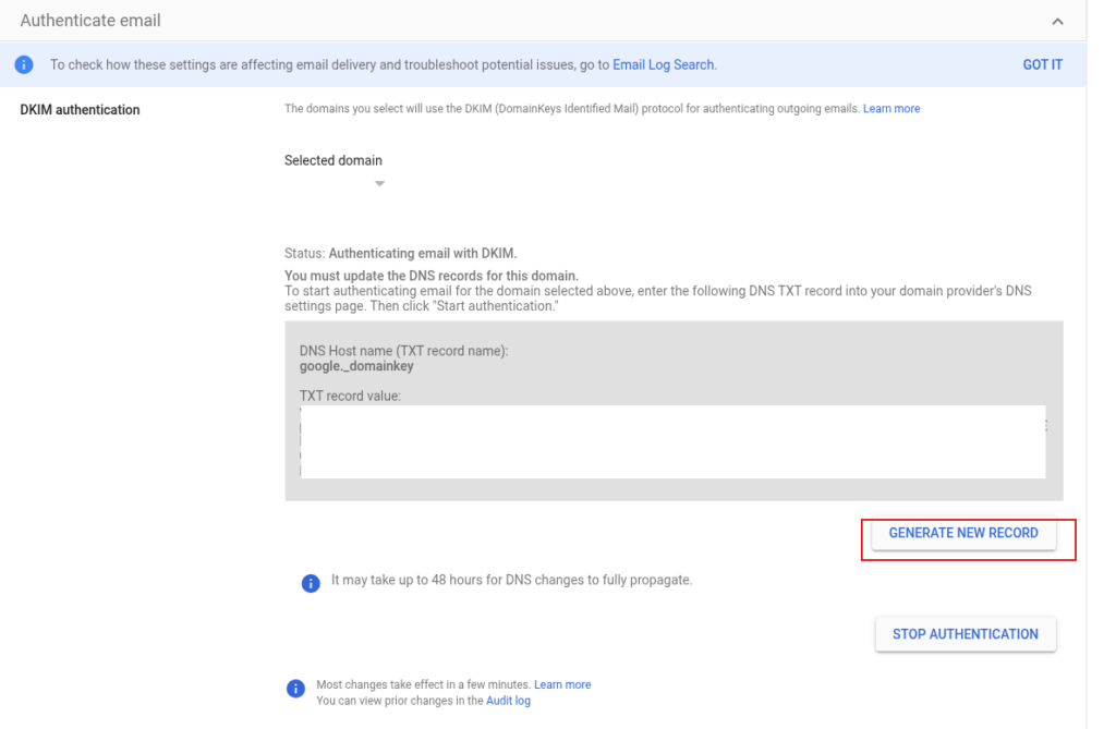google workspace dkim settings