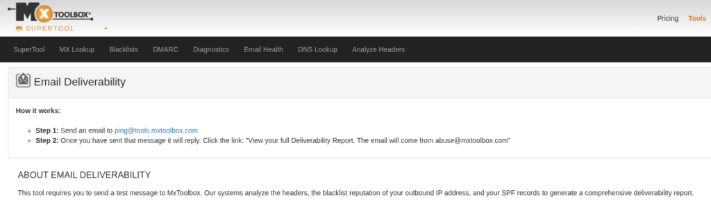 mxtoolbox email deliverability testing tool