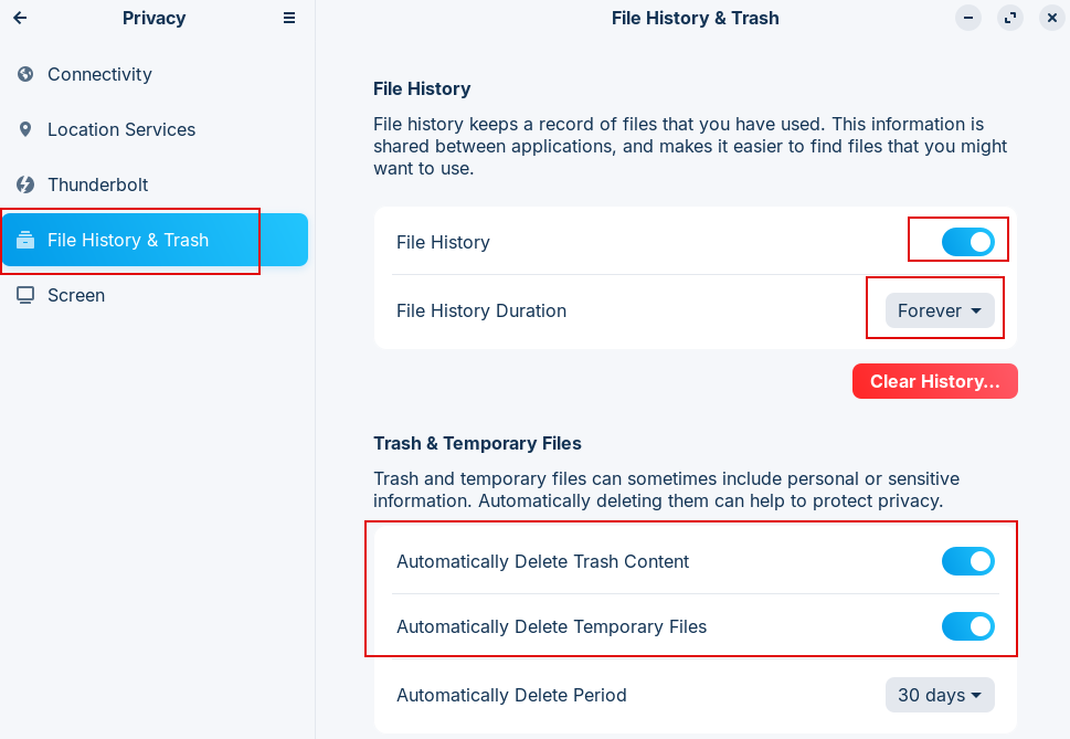 file history & trash settings in zorin os