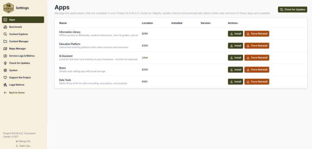 download and install offline apps from project nomad dashboard