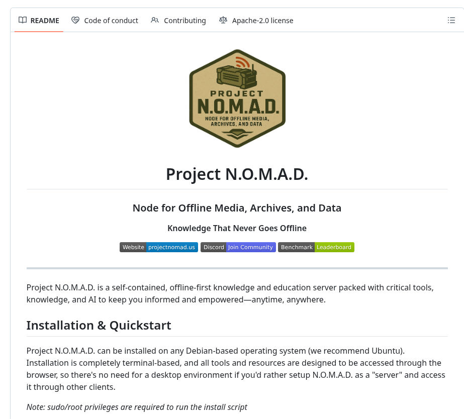 project N.O.M.A.D is an offline tool for media, archives and data