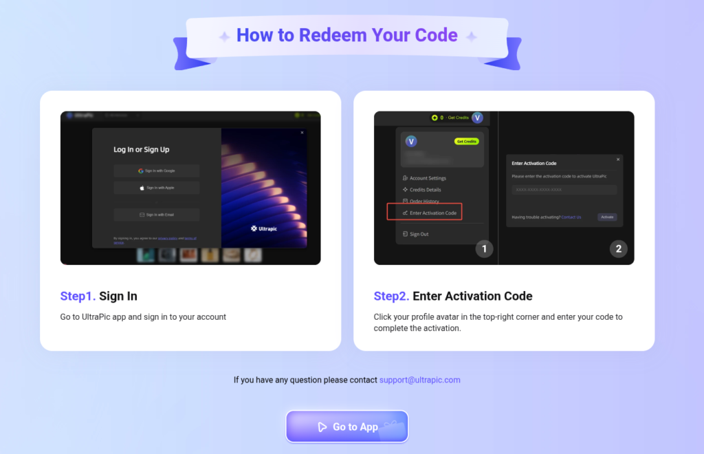 steps to redeem ultrapic AI code