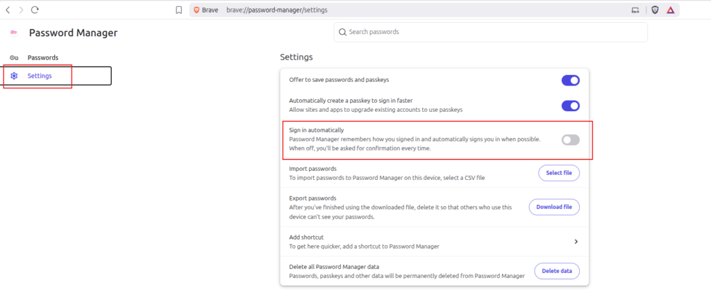 toggle auto sign-in in brave browser