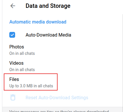 change the files option to configure download size of media in telegram web