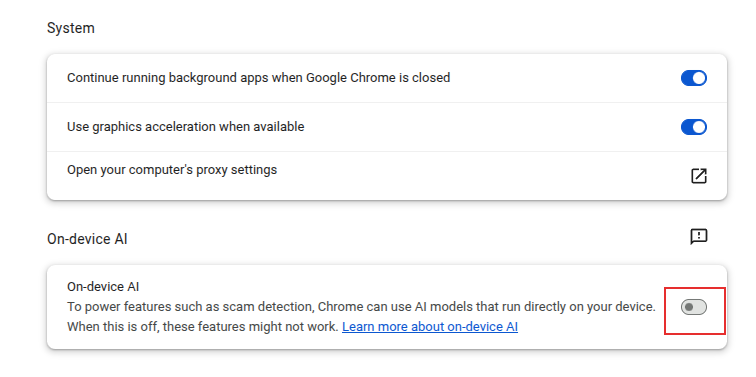 toggle on-device AI option in chrome 