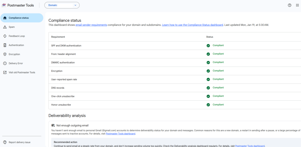 google postmaster compliance status