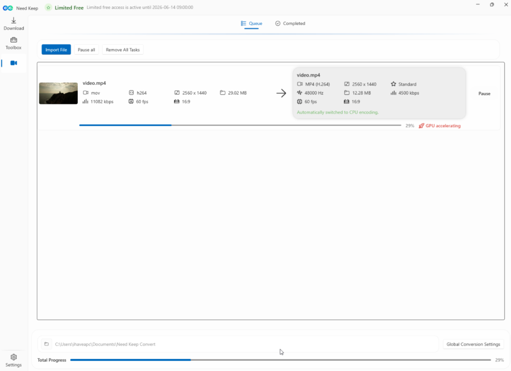 video conversion in progress using Need Keep