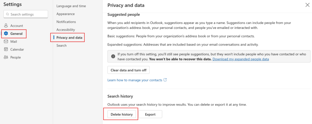 privacy and data settings in outlook web