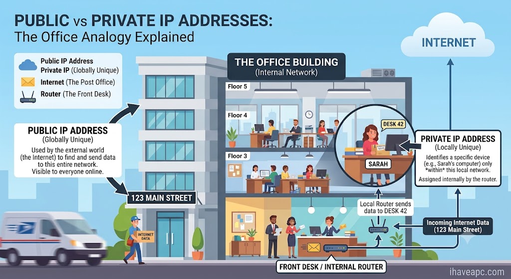 an office building analogy explaining public vs private IP addresses