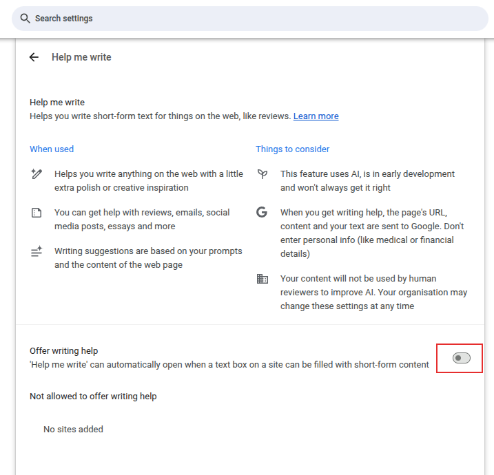 toggle the Help me Write feature in Chrome