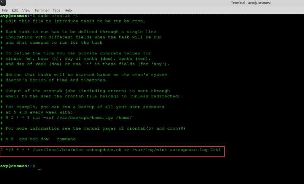 listing crontab to verify that the script is added