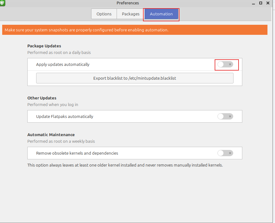 automation options in linux mint update manager