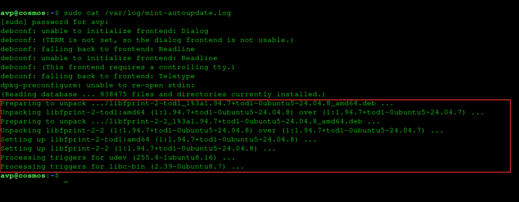 monitoring log for auto updates in linux mint