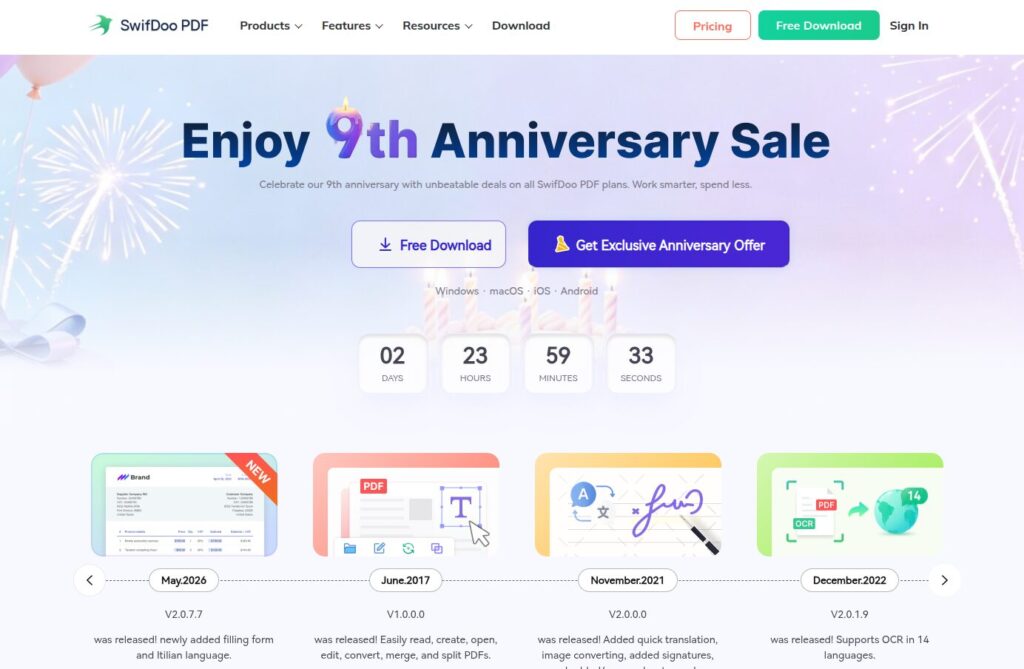 swifdoo pdf anniversary sale 2026 page