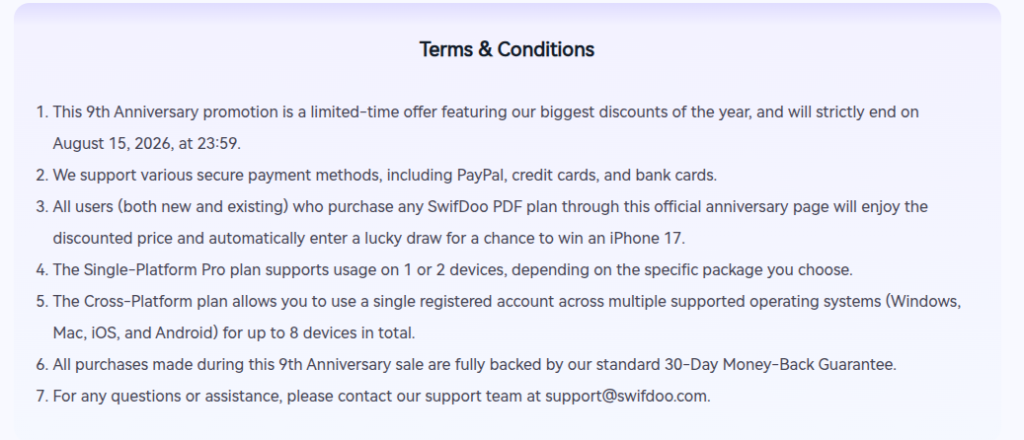 swifdoo pdf anniversary sale terms and conditions